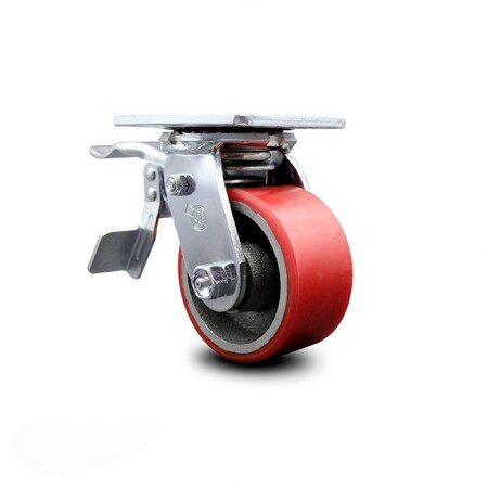 Service Caster 4 Inch Red Poly on Cast Iron Caster with Ball Bearing and Total Lock Brake SCC SCC-TTL30S420-PUB-RS